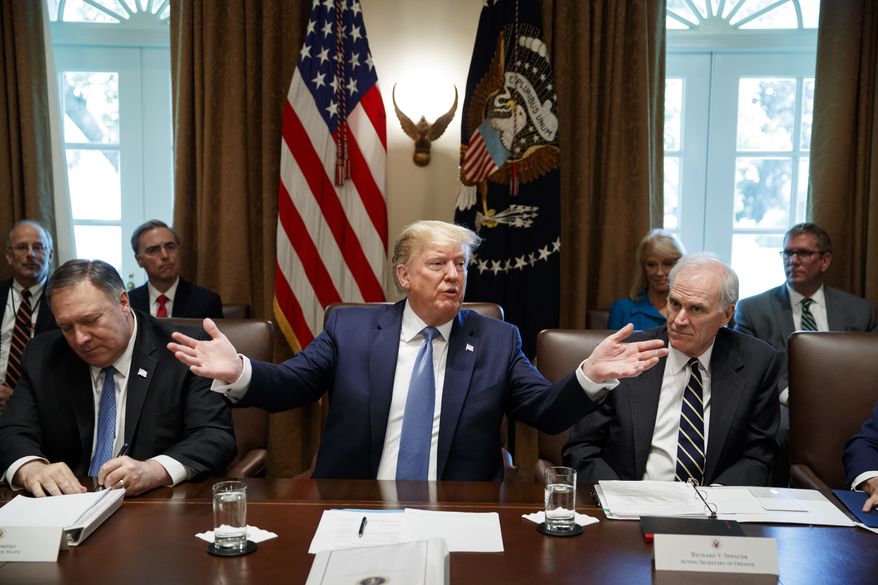 President Donald Trump speaks during a Cabinet meeting in the Cabinet Room of the White House, Tuesday, July 16, 2019, in Washington. Trump is accompanied by Secretary of State Mike Pompeo, left, and acting Defense Secretary Richard Spencer. (AP Photo/Alex Brandon)