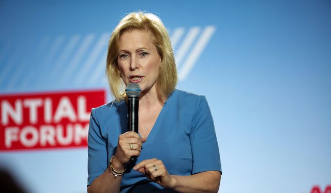 U.S. Sen. Kirsten Gillibrand, D-New York, speaks at the AARP Presidential Forum at the Waterfront Convention Center in Bettendorf, Iowa on Tuesday, July 16, 2019.  (Olivia Sun/The Des Moines Register via AP) ** FILE **