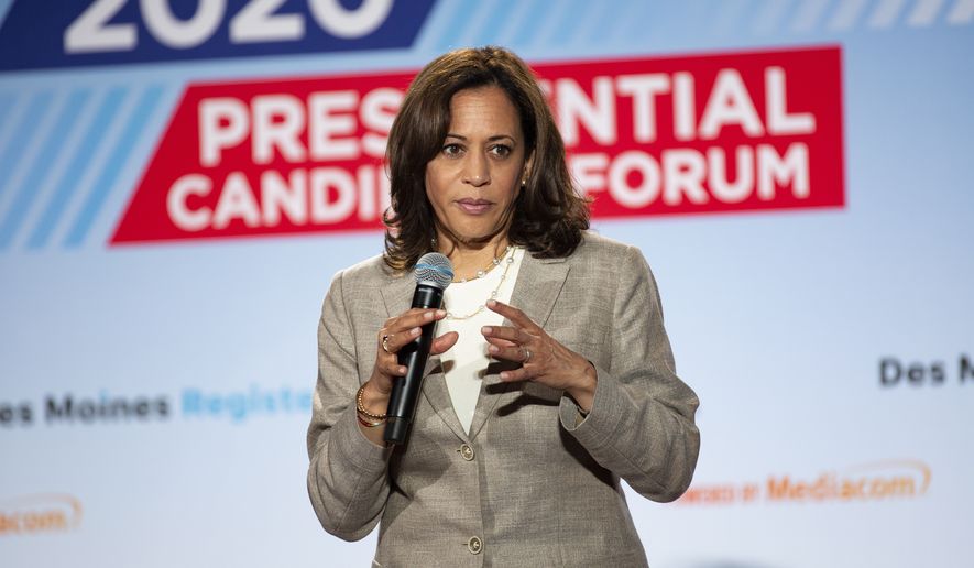 U.S. Sen. Kamala Harris, D-Calif., speaks at the AARP Presidential Forum at the Waterfront Convention Center in Bettendorf, Iowa on Tuesday, July 16, 2019. (Olivia Sun/The Des Moines Register via AP)