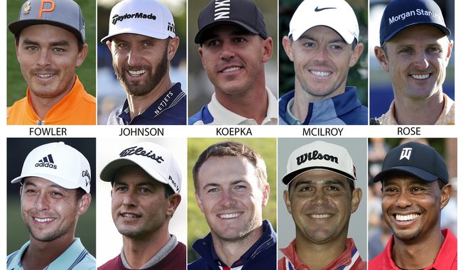 FILE - These are 2018 and 2019 file photos showing some of the golfers competing in the British Open golf tournament. Shown are: Rickie Fowler, Dustin Johnson, Brooks Koepka, Rory McIlroy, Justin Rose, Xander Schauffele, Adam Scott, Jordan Spieth, Gary Woodland and Tiger Woods. (AP Photo/File)