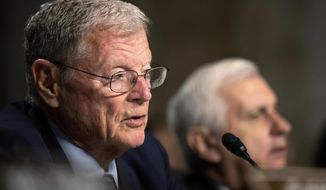Senate Armed Services Committee Chairman Sen. James Inhofe, R-Okla., with ranking member Sen. Jack Reed, D-R.I., right, questions Secretary of the Army and Secretary of Defense nominee Mark Esper during his confirmation hearing on Capitol Hill in Washington, Tuesday, July 16, 2019. (AP Photo/Manuel Balce Ceneta) **FILE**