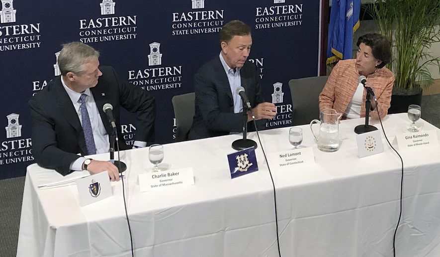 Massachusetts Gov. Charlie Baker, left, Connecticut Gov. Ned Lamont, center, and Rhode Island Gov. Gina Raimondo, right, speak to the media, Tuesday, July 16, 2019, after a meeting to discuss matters of regional interest at Eastern Connecticut State University in Willimantic, Conn. (AP Photo/Susan Haigh)