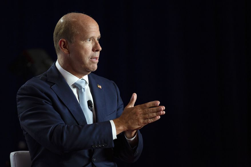 Former U.S. Rep. John Delaney, D-Md., speaks at the AARP Presidential Candidates Forum at the Hotel at Kirkwood Center in Cedar Rapids, Iowa, on Wednesday, July 17, 2019. (Olivia Sun/The Des Moines Register via AP)