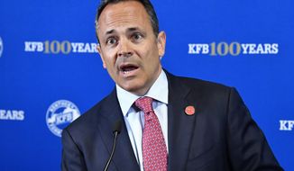 Kentucky Governor and republican candidate for governor Matt Bevin speaks to the media following the Kentucky Farm Bureau candidates forum at the Kentucky Farm Bureau headquarters in Louisville, Ky., Wednesday, July 17, 2019. (AP Photo/Timothy D. Easley)