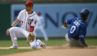 Washington Nationals shortstop Trea Turner (7) waits for the ball as Kansas City Royals&#39; Terrance Gore (0) steals second base during the eighth inning of a baseball game, Sunday, July 7, 2019, in Washington. (AP Photo/Nick Wass)