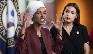 U.S. Rep. Ilhan Omar, D-Minn., left, joined at right by U.S. Rep. Alexandria Ocasio-Cortez, D-N.Y., responds to base remarks by President Donald Trump after he called for four Democratic congresswomen of color to go back to their &amp;quot;broken&amp;quot; countries, as he exploited the nation&#39;s glaring racial divisions once again for political gain, during a news conference at the Capitol in Washington, Monday, July 15, 2019. All four congresswomen are American citizens and three of the four were born in the U.S. Omar is the first Somali-American in Congress. (AP Photo/J. Scott Applewhite) **FILE**