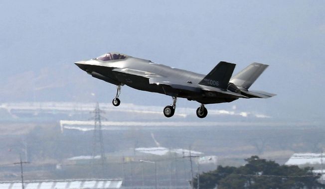 In this March 29, 2019, photo, a U.S. F-35A fighter jet prepares to land at Chungju Air Base in Chungju, South Korea.  (Kang Jong-min/Newsis via AP) **FILE**