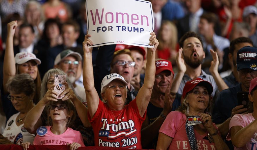 A woman holds up a sign that reads &quot;Women for Trump&quot; as President Donald Trump speaks at a campaign rally at Williams Arena in Greenville, N.C., Wednesday, July 17, 2019. (AP Photo/Carolyn Kaster)