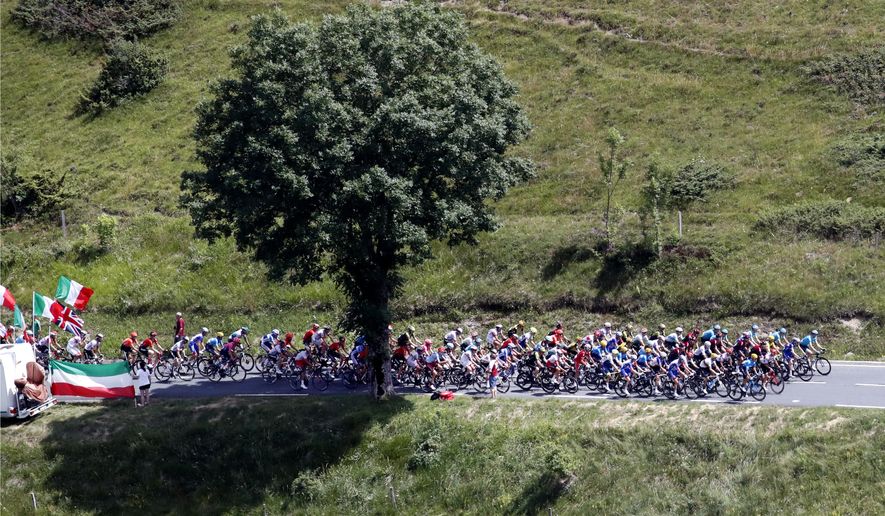The pack rides during the twelfth stage of the Tour de France cycling race over 209,5 kilometers (130 miles) with start in Toulouse and finish in Bagneres-de-Bigorre, France, Thursday, July 18, 2019. (AP Photo/ Christophe Ena)