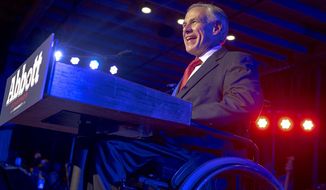 FILE - In this Nov. 6, 2018, file photo, Texas Gov. Greg Abbott speaks to supporters during the Texas GOP election night party at Brazos Hall in Austin, Texas. Abbott defeated Lupe Valdez in his re-election bid. Texas Republican leaders have urged state district and county attorneys to continue enforcing marijuana laws after several local prosecutors decided to drop pot possession cases amid confusion involving a new law legalizing hemp, Abbott together with other Republican officials said in a letter Thursday, July 18, 2019. (Nick Wagner/Austin American-Statesman via AP, File)