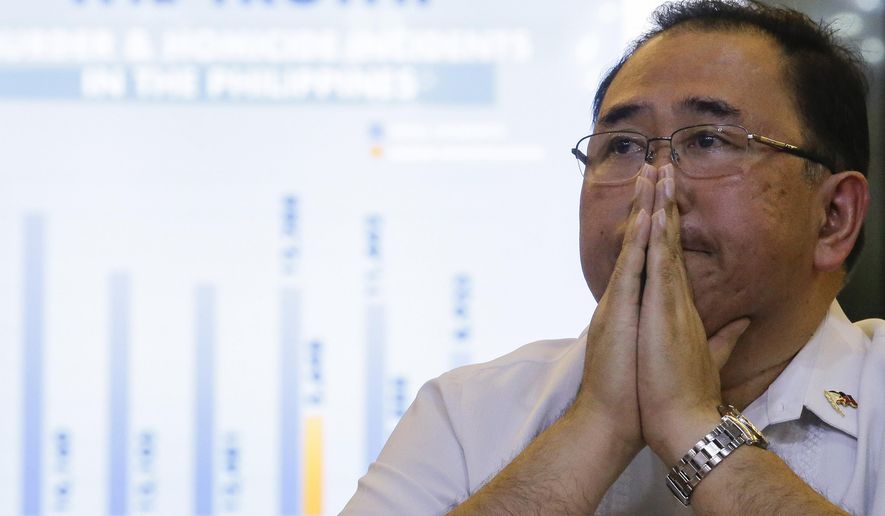 Undersecretary Severo Catura, executive director of the Presidential Human Rights Committee secretariat, gestures as he listens to questions from reporters during a news conference in metropolitan Manila, Philippines, Thursday, July 18, 2019. A Philippine official says thousands of police officers have received administrative punishments, and more than 2,000 were dismissed, for wrongdoings during raids where drug suspects were killed. (AP Photo/Aaron Favila)