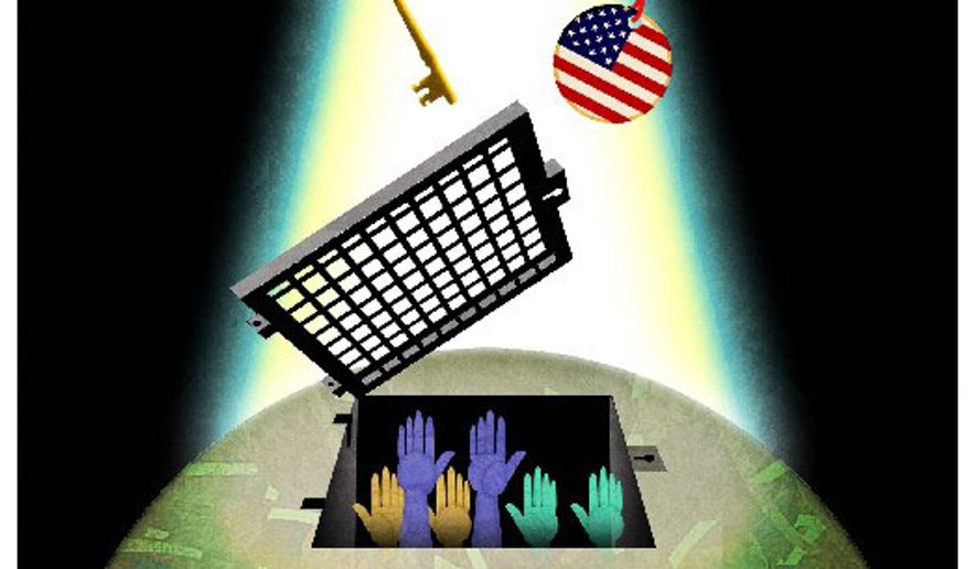 Illustration on America’s role in promoting religious freedom in the world by Alexander Hunter/The Washington Times