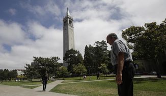 People walk along paths on the University of California at Berkeley campus in front of Sather Tower, also known as the Campanile, in Berkeley, Calif., Thursday, July 18, 2019. Soon students in Berkeley will have to pledge to &amp;quot;collegiate Greek system residences&amp;quot; instead of sororities or fraternities and city workers will have to refer to manholes as &amp;quot;maintenance holes.&amp;quot; Berkeley leaders voted unanimously this week to replace about 40 gender-specific words in the city code with gender-neutral terms. (AP Photo/Jeff Chiu)