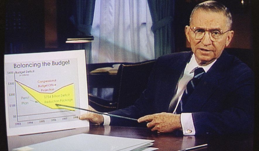 FILE – In this image from video, Ross Perot points to a budget deficit chart in a paid 30-minute television commercial, during a media preview in Dallas on Oct. 16, 1992. On Friday, July 19, 2019, The Associated Press reported on stories circulating online incorrectly asserting that the Texas billionaire left $100 million to the Trump 2020 campaign when he died. Social media users began circulating the false claim after it was posted by a satire site shortly after Perot’s death on July 9. (AP Photo/File)