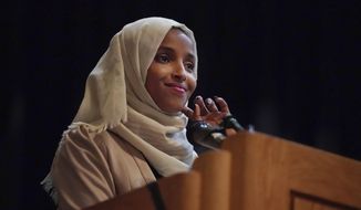 U.S. Rep. Ilhan Omar, D-Minn., holds a Medicare for All town hall with other lawmakers, Thursday, July 18, 2019, in Minneapolis. (Richard Tsong-Taatarii/Star Tribune via AP)