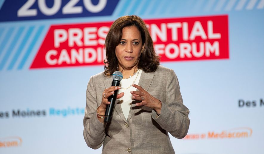 U.S. Sen. Kamala Harris, D-Calif., speaks at the AARP Presidential Forum at the Waterfront Convention Center in Bettendorf, Iowa on Tuesday, July 16, 2019.  (Olivia Sun/The Des Moines Register via AP) ** FILE **