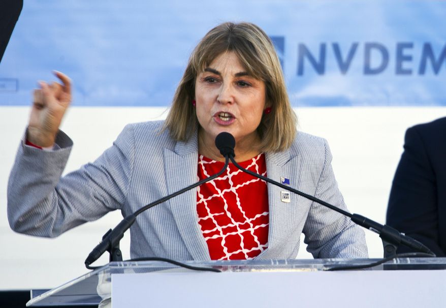 FILE - In this Oct. 20, 2018, file photo, Kate Marshall speaks to supporters at a rally during her ultimately successful campaign for lieutenant governor in downtown Las Vegas. A panel formed by Nevada's governor to encourage statewide participation in the 2020 U.S. Census is stressing the importance of people being counted, following a fight in Washington whether to include a citizenship question. Marshall heads the Nevada Complete Count Committee. She tells the Las Vegas Sun that for each Nevadan who isn't counted in the census, the state could lose about $20,000 in federal funds. (Christopher DeVargas/Las Vegas Sun via AP, File)