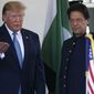President Donald Trump gestures as he greets Pakistan&#39;s Prime Minister Imran Khan as he arrives at the White House, Monday, July 22, 2019, in Washington. (AP Photo/Jacquelyn Martin)