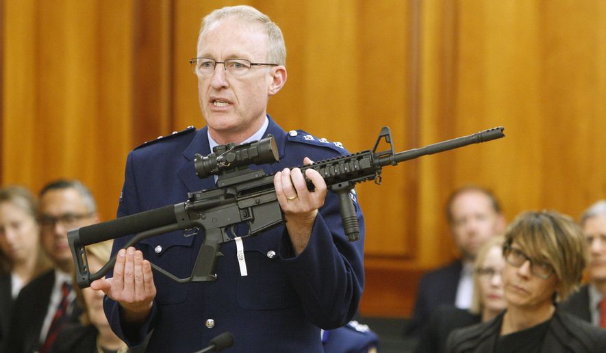 In this April 2, 2019, file photo, police acting superintendent Mike McIlraith shows New Zealand lawmakers an AR-15 style rifle similar to one of the weapons a gunman used to slaughter 51 people at two mosques, in Wellington, New Zealand. New Zealand's government is planning further restrictions on gun ownership in a proposed law that emphasizes owning guns is a privilege and not a right. (AP Photo/Nick Perry, File)