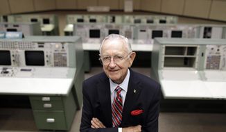 This Tuesday, July 5, 2011, file photo shows NASA Mission Control founder Chris Kraft in the old Mission Control at Johnson Space Center in Houston. Kraft, the founder of NASA&#39;s mission control, died Monday, July 22, 2019, just two days after the 50th anniversary of the Apollo 11 moon landing. He was 95. (AP Photo/David J. Phillip, File)