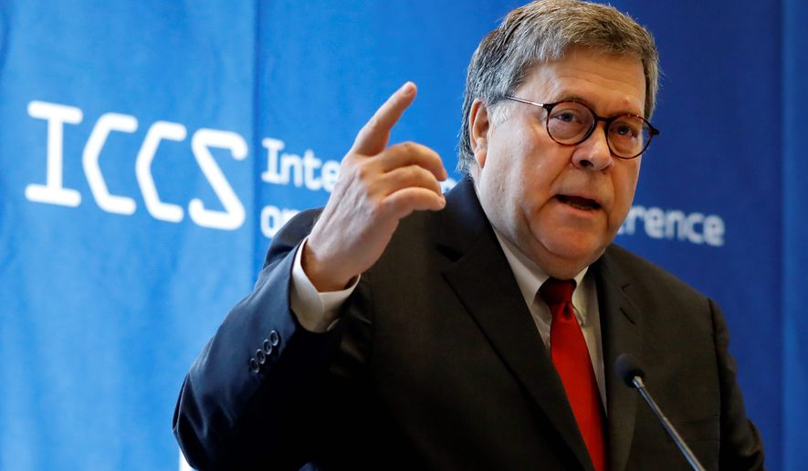 U.S. Attorney General William Barr addresses the International Conference on Cyber Security, hosted by the FBI and Fordham University, at Fordham University in New York, Tuesday, July 23, 2019. (AP Photo/Richard Drew) (ASSOCIATED PRESS)