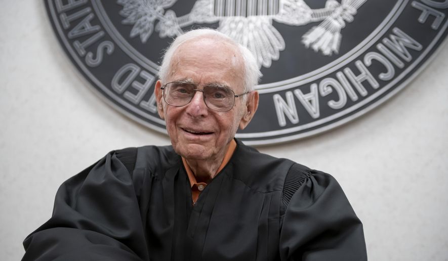 Avern Cohn, Senior U.S. District Judge of the U.S. District Court for the Eastern District of Michigan, is seen in his courtroom at the Theodore Levin U.S. Courthouse in Detroit, July 11, 2019. Cohn turns 95 on July 23 and still keeps a full caseload. (David Guralnick /Detroit News via AP)