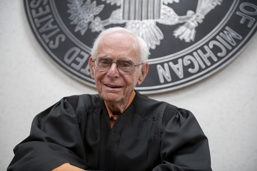 Avern Cohn, Senior U.S. District Judge of the U.S. District Court for the Eastern District of Michigan, is seen in his courtroom at the Theodore Levin U.S. Courthouse in Detroit, July 11, 2019. Cohn turns 95 on July 23 and still keeps a full caseload. (David Guralnick /Detroit News via AP)