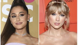 This combination photo shows singers Ariana Grande at the 13th annual Billboard Women in Music event in New York on Dec. 6, 2018, left, and Taylor Swift at the Time 100 Gala in New York on April 23, 2019. Grande and Swift are the top contenders at the 2019 MTV Video Music Awards, each scoring 10 nominations. The 2019 VMAs will take place at the Prudential Center in Newark, N.J. on Aug. 26. (AP Photo)