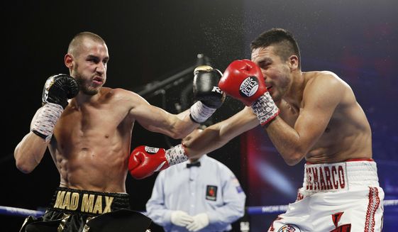 FILE - In this Oct. 20, 2018, file photo, Maxim Dadashev, of Russia, left, hits Antonio DeMarco, of Mexico, during a junior welterweight bout  in Las Vegas. Maxim Dadashev has died after suffering a brain injury in a fight in Maryland. He was 28.The Russian Boxing Federation said Tuesday, July 23, 2019, that Dadashev died &amp;quot;as a result of the injuries he sustained&amp;quot; in Friday&#x27;s, July 19, 2019, light-welterweight fight with Subriel Matias at the Theater at MGM National Harbor in Oxon Hill, Maryland. (AP Photo/John Locher, File)