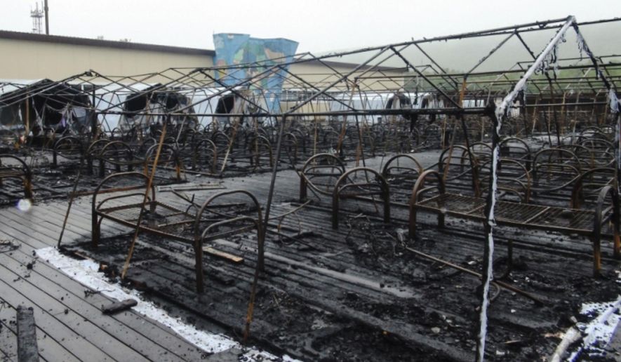 In this photo provided by Russian Emergency Situations Ministry for the Khabarovsk Region Press Service, a tent camp is seen after a fire near Solnechny village, Khabarovsk Region, Russia, Thursday, June 27, 2019. Russian authorities say three children have died in a fire at the tent camp in a ski area in the Khabarovsk region about 6,000 kilometers (3.700 miles) east of Moscow, that housed some 189 people at the time of the fire, news reports said. (Ministry of Emergency Situations for Khabarovsk Region Press Service via AP)