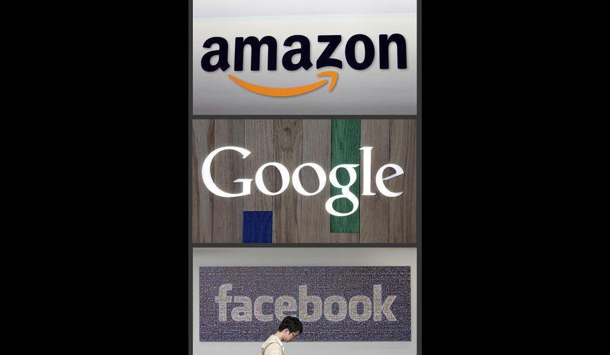 This file photo combo of images shows the Amazon, Google and Facebook logos.  (AP Photo/File) **FILE**