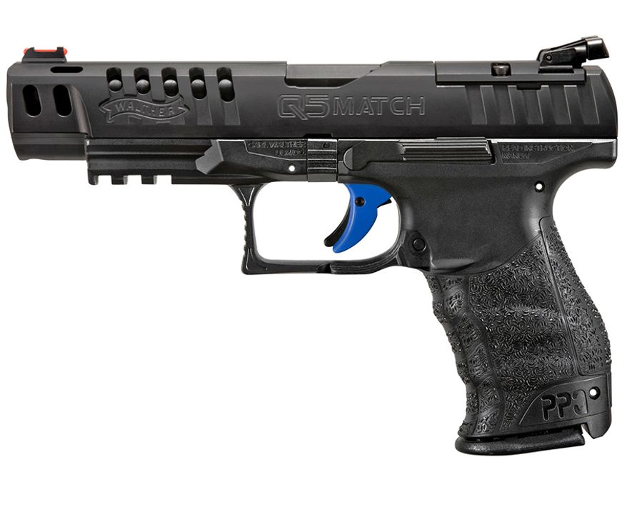 WALTHER PPQ M2 Q5 MATCH is built for the production class competitive shooter. Built around our award winning PPQ platform, the Q5 Match features an optics ready slide that comes with a Trijicon RMR, Leupold Delta Point, and Docter Optics ready mounting plate in addition to the standard competition iron sights already included. Coupled with a ported slide, Carl Walther signature ergonomics, and a blue quick defense trigger, the Q5 is the firearm that gives you match performance in a production class firearm