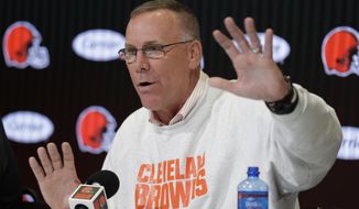 Cleveland Browns general manager John Dorsey answers questions during a news conference at the NFL football team&#x27;s training camp facility, Wednesday, July 24, 2019, in Berea, Ohio. (AP Photo/Tony Dejak)