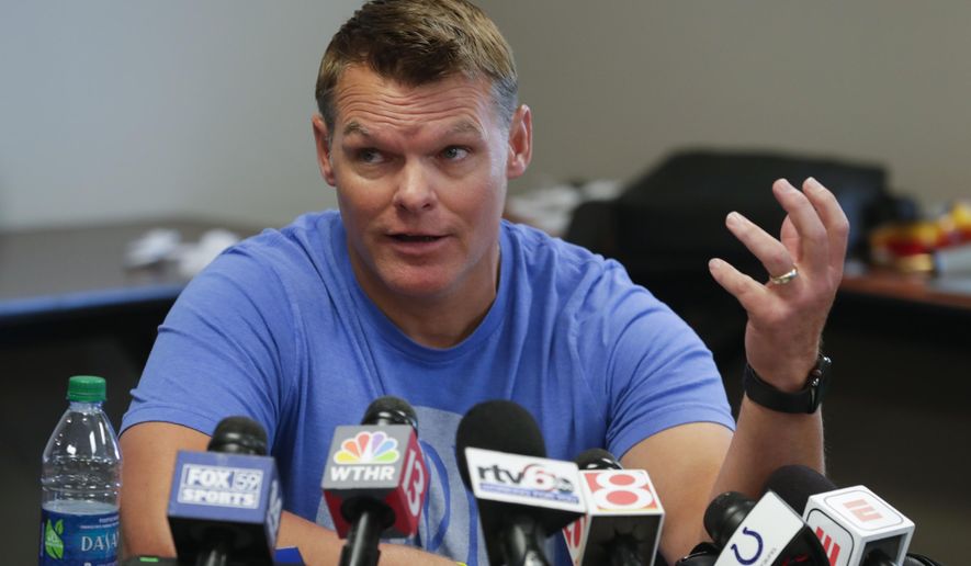 Indianapolis Colts general manager Chris Ballard talks about the status of players during an availability before the start of the NFL team&#x27;s football training camp in Westfield, Ind., Wednesday, July 24, 2019. (AP Photo/Michael Conroy)