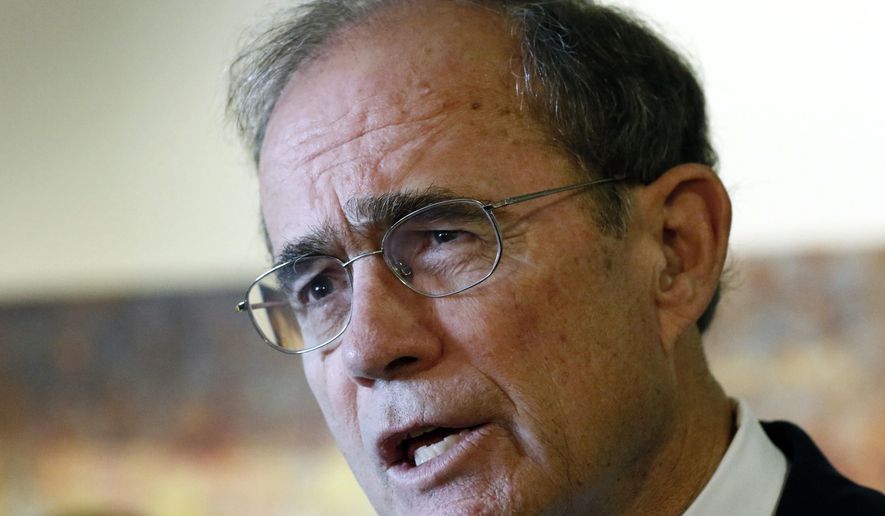 FILE - In this Jan. 9, 2019 file photo, Delbert Hosemann, Mississippi's three-term Republican Secretary of State, explains to reporters, why he is running for lieutenant governor. His challenger for the Aug. 6, 2019 party primary is political novice, Shane Quick of DeSoto County. (AP Photo/Rogelio V. Solis, File)