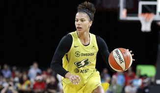 Seattle Storm&#39;s Alysha Clark drives against the Las Vegas Aces during the second half of a WNBA basketball game, Tuesday, July 23, 2019, in Las Vegas. (AP Photo/John Locher). **FILE**