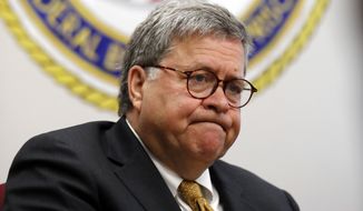 In this July 8, 2019, file photo, Attorney General William Barr speaks during a tour of a federal prison in Edgefield, S.C. (AP Photo/John Bazemore) ** FILE **