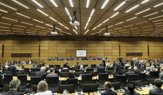 General view of the board of governors meeting for a tribute to the late Director General of the International Atomic Energy Agency, IAEA, Yukiya Amano of Japan at the International Center in Vienna, Austria, Thursday, July 25, 2019. The IAEA announced the death of the agency&#39;s Director General Yukiya Amano at the age of 72 years. (AP Photo/Ronald Zak)