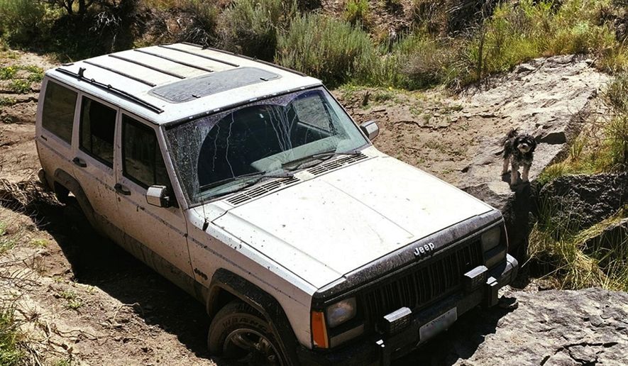 This undated photo provided by the Oregon State Police shows a jeep and dog belonging to a 73-year-old man who was found by a mountain biker on July 18, 2019. The 73-year-old man who was stranded in the remote Oregon high desert for four days with his two dogs was rescued when the long-distance mountain biker discovered him near death on a dirt road, authorities said Thursday, July 25. (Oregon State Police via AP)