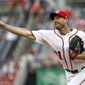 Washington Nationals starting pitcher Max Scherzer throws to the Colorado Rockies in the third inning of a baseball game, Thursday, July 25, 2019, in Washington. (AP Photo/Patrick Semansky)