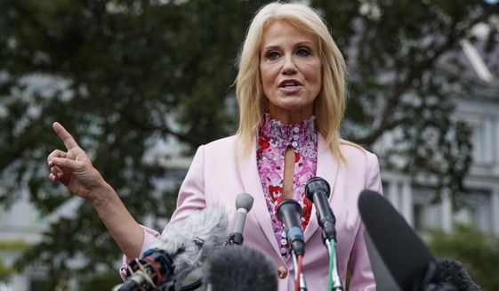 Counselor to the President Kellyanne Conway speaks to media outside the West Wing of the White House in Washington, Thursday, July 25, 2019. (AP Photo/Carolyn Kaster)