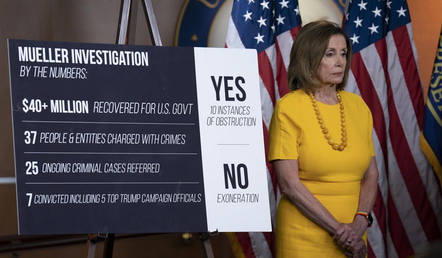 Speaker of the House Nancy Pelosi, D-Calif., stands beside a chart during a newss conference following the back-to-back hearings with former special counsel Robert Mueller who testified about his investigation into Russian interference in the 2016 election, on Capitol Hill in Washington, Wednesday, July 24, 2019. (AP Photo/J. Scott Applewhite) **FILE**