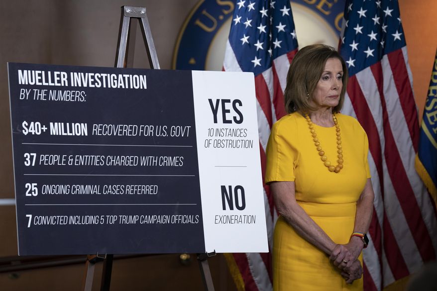 Speaker of the House Nancy Pelosi, D-Calif., stands beside a chart during a newss conference following the back-to-back hearings with former special counsel Robert Mueller who testified about his investigation into Russian interference in the 2016 election, on Capitol Hill in Washington, Wednesday, July 24, 2019. (AP Photo/J. Scott Applewhite) **FILE**