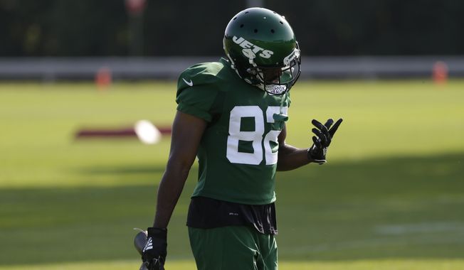 New York Jets&#x27; Jamison Crowder participates in a practice at the NFL football team&#x27;s training camp in Florham Park, N.J., Friday, July 26, 2019. (AP Photo/Seth Wenig) **FILE**