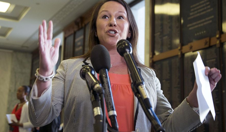 FILE - In this May 21, 2013, file photo, Rep. Martha Roby, R-Ala., speaks to the reporters on Capitol Hill in Washington. The five-term congresswoman from Montgomery is not running for reelection in 2020. Roby's announcement Friday, July 26, 2019, makes her the second House GOP woman to announce she will not seek another term. (AP Photo/Manuel Balce Ceneta, File)