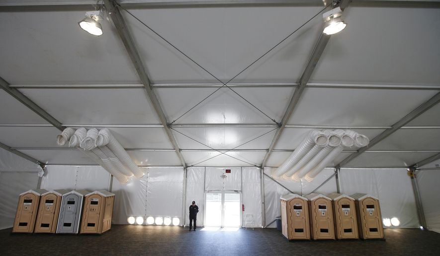 FILE - This June 28, 2019 file photo shows part of a new 500-person tent facility during a media tour by the U.S. Border Patrol in Yuma, Ariz. It will be used to process detained immigrant children and families who cross the U.S. border. On Friday, July 26, 2019, The Associated Press reported on stories circulating online incorrectly asserting that detained migrants are free to leave detention centers at any time to go back to Mexico. (AP Photo/Ross D. Franklin)