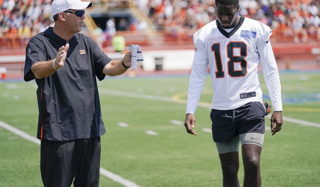 Cincinnati Bengal wide receiver A.J. Green (18) receives instruction from receivers coach Bob Bicknell during the first day of NFL football training camp Saturday, July 27, 2019, in Dayton, Ohio. (AP Photo/Bryan Woolston)