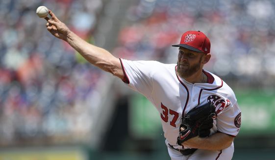 Washington Nationals starting pitcher Stephen Strasburg delivers during the first inning of a baseball game against the Los Angeles Dodgers, Sunday, July 28, 2019, in Washington. (AP Photo/Nick Wass)