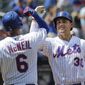 New York Mets&#39; Michael Conforto (30) celebrates with teammate Jeff McNeil (6) after hitting a home run during the first inning of a baseball game against the Pittsburgh Pirates, Sunday, July 28, 2019, in New York. (AP Photo/Frank Franklin II)