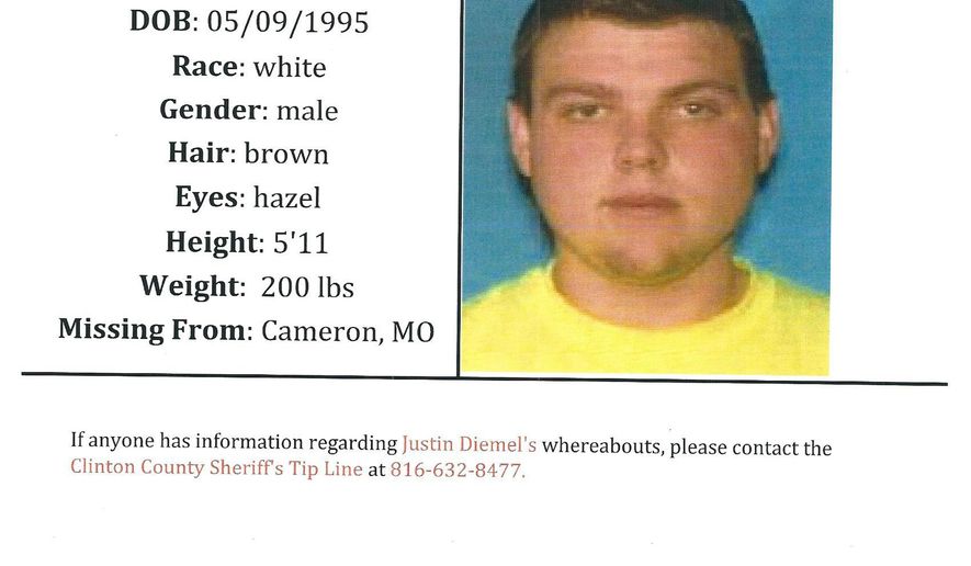 This document provided by the Clinton County Missouri Sheriff's Department shows a missing poster for Justin Diemel. Justin and his brother Nick Diemel, who owned Diemel's Livestock in Bonduel, Wis., have been missing since July 21, 2019, when they were in northwest Missouri to check cattle for their business. A judge denied bond on Monday July, 29, for Garland "Joey" Nelson charged with tampering with a rental vehicle used by the two missing brothers. (Clinton County Missouri Sheriff's Department via AP)
